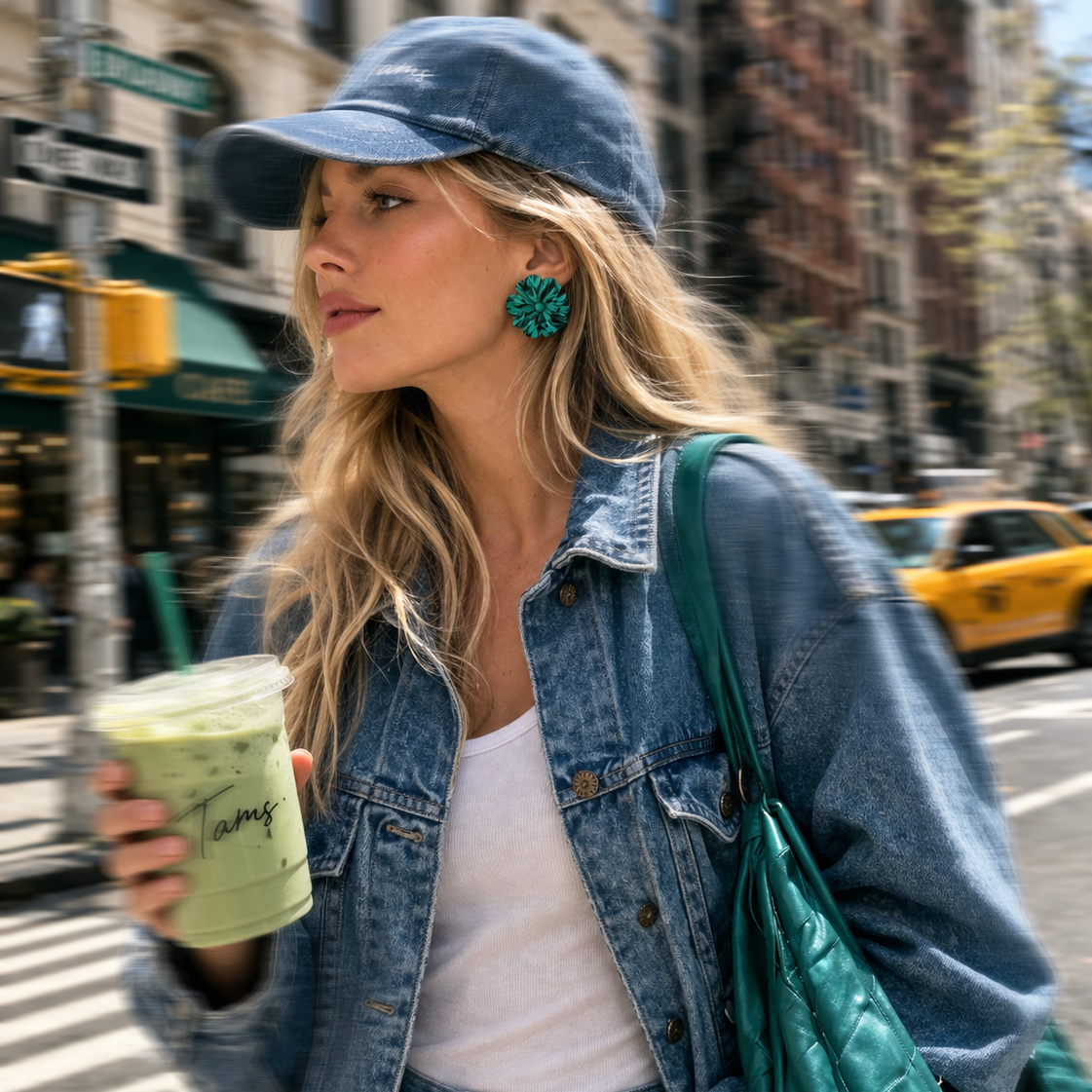 Woman in denim jacket and cap holding a drink on a city street