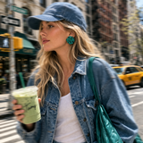 Woman in denim jacket and cap holding a drink on a city street